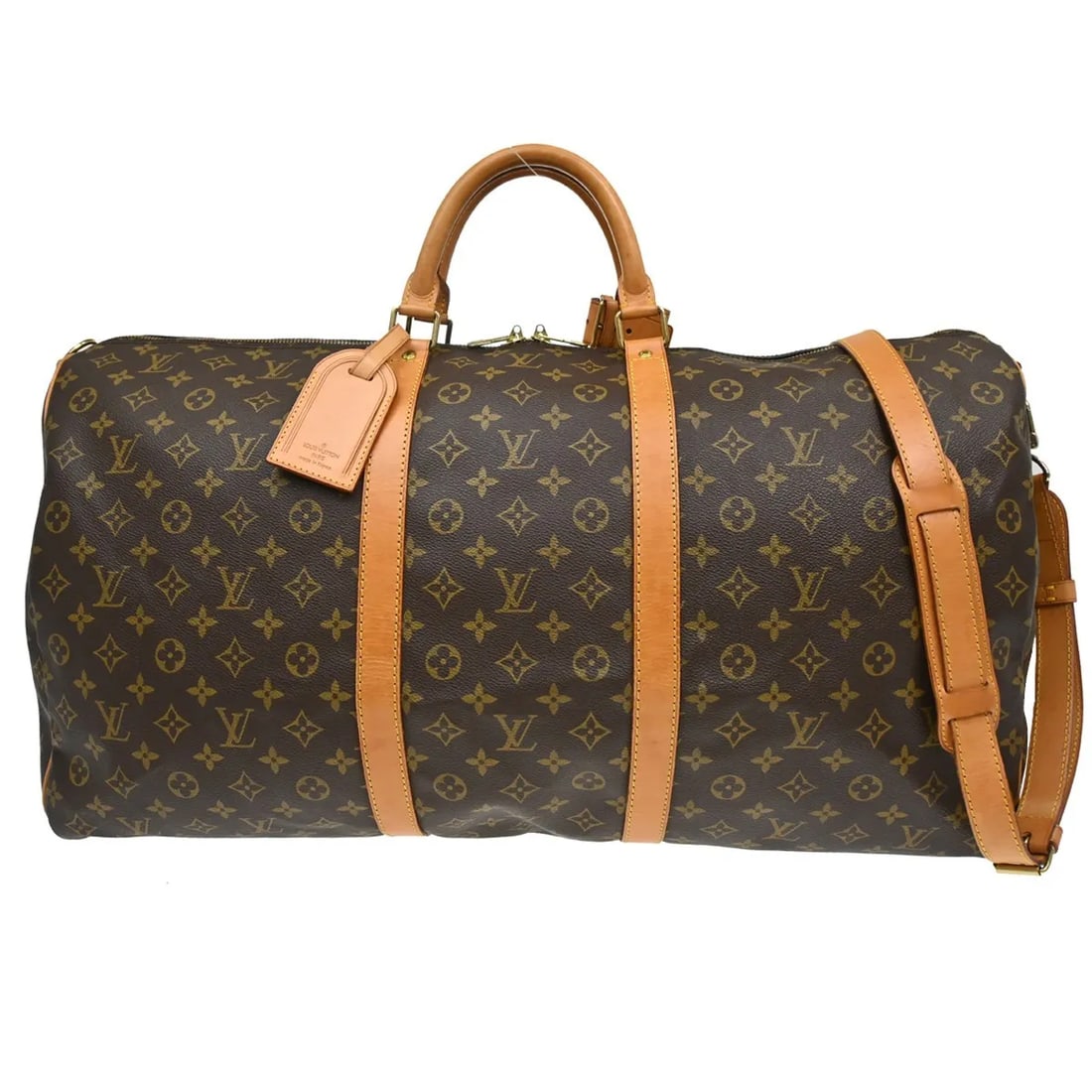 Louis Vuitton Keepall Bandouliere travel bag in brown canvas: Louis Vuitton Keepall Bandouliere travel bag in brown canvas Louis Vuitton Keepall Bandouliere in brown monogram canvas. This unisex travel bag is in good condition with visible wear, including scuffs