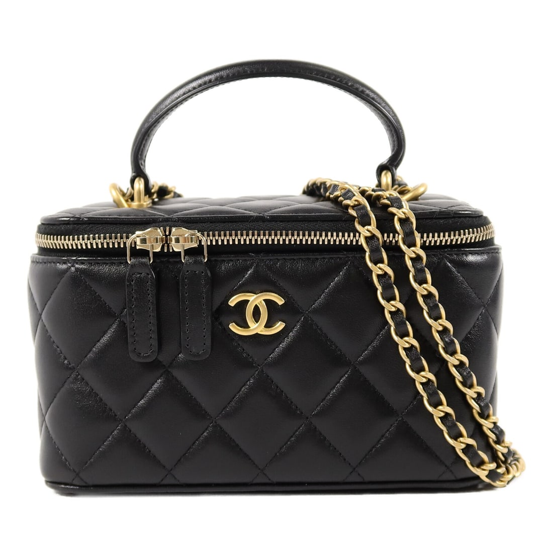 Chanel AP2199 Lambskin Vanity Case Top Handle 2 Way Shoulder Bag Black: Chanel AP2199 Lambskin Vanity Case Top Handle 2 Way Shoulder Bag Black A CHANEL CC GHW top handle vanity case 2-way shoulder bag in black lambskin (sheep leather). It features a top handle and shoulde