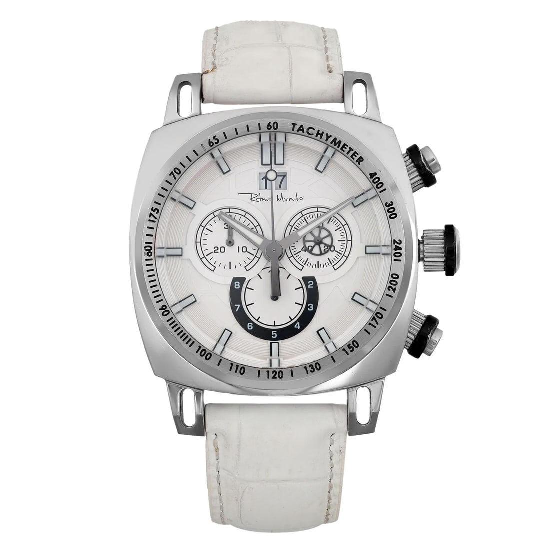 Ritmo Mundo Racer 44mm Quartz Men's Watch White Dial Gray Bezel Leather Band (1 of 5)