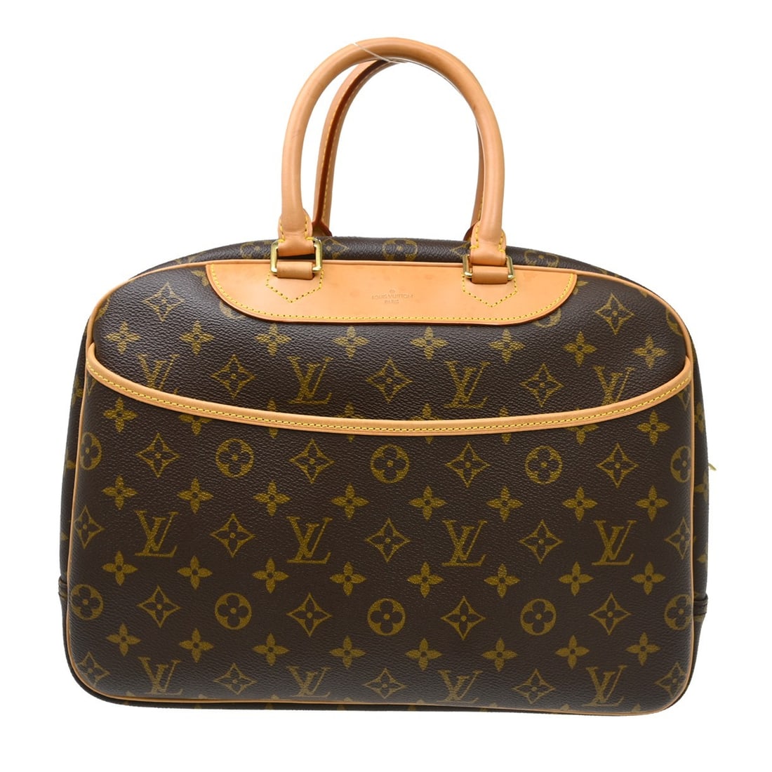 Louis Vuitton Deauville Vanity Monogram Canvas Handbag M47270: Louis Vuitton Deauville Vanity Monogram Canvas Handbag M47270 Vintage Louis Vuitton Deauville Bowling Vanity business handbag in brown Monogram canvas with leather trim. This women's medium handbag fe