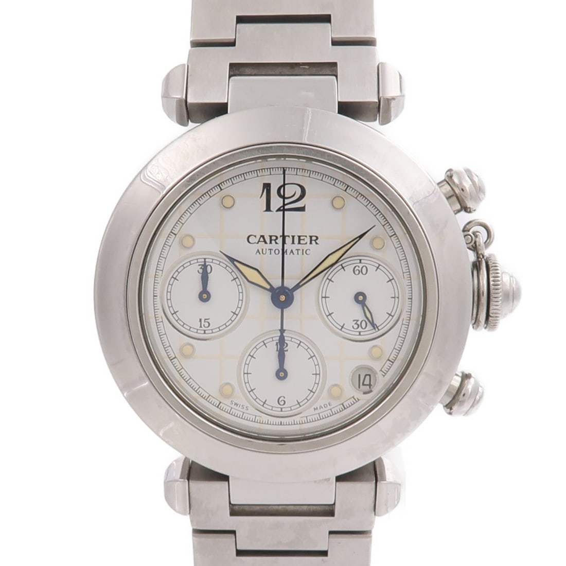 Cartier W31039M7 Pasha C Automatic Chronograph Watch White Steel: Cartier W31039M7 Pasha C Automatic Chronograph Watch White Steel Cartier Pasha C Chronograph automatic watch, model W31039M7, with a white dial and stainless steel construction. It features chronograp