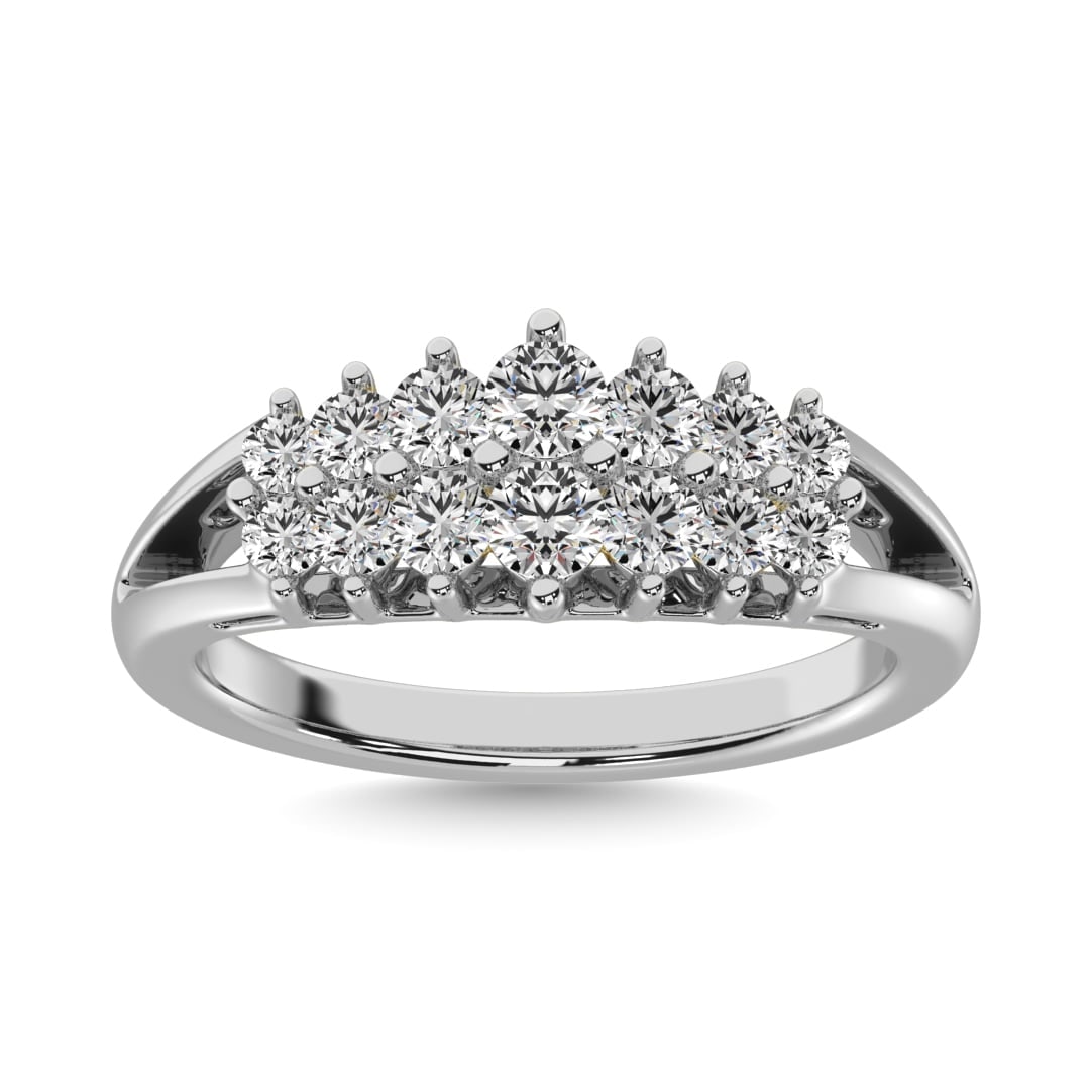 Diamond 1/2 Ct.tw Round Cut Pyramid Ring in 14K White Gold: Diamond 1/2 Ct.tw Round Cut Pyramid Ring in 14K White Gold 14k White Gold Stone Color: G-h Stone Clarity: Si2 Each ring is presented in standard size 6.5. Complimentary resizing is available between s