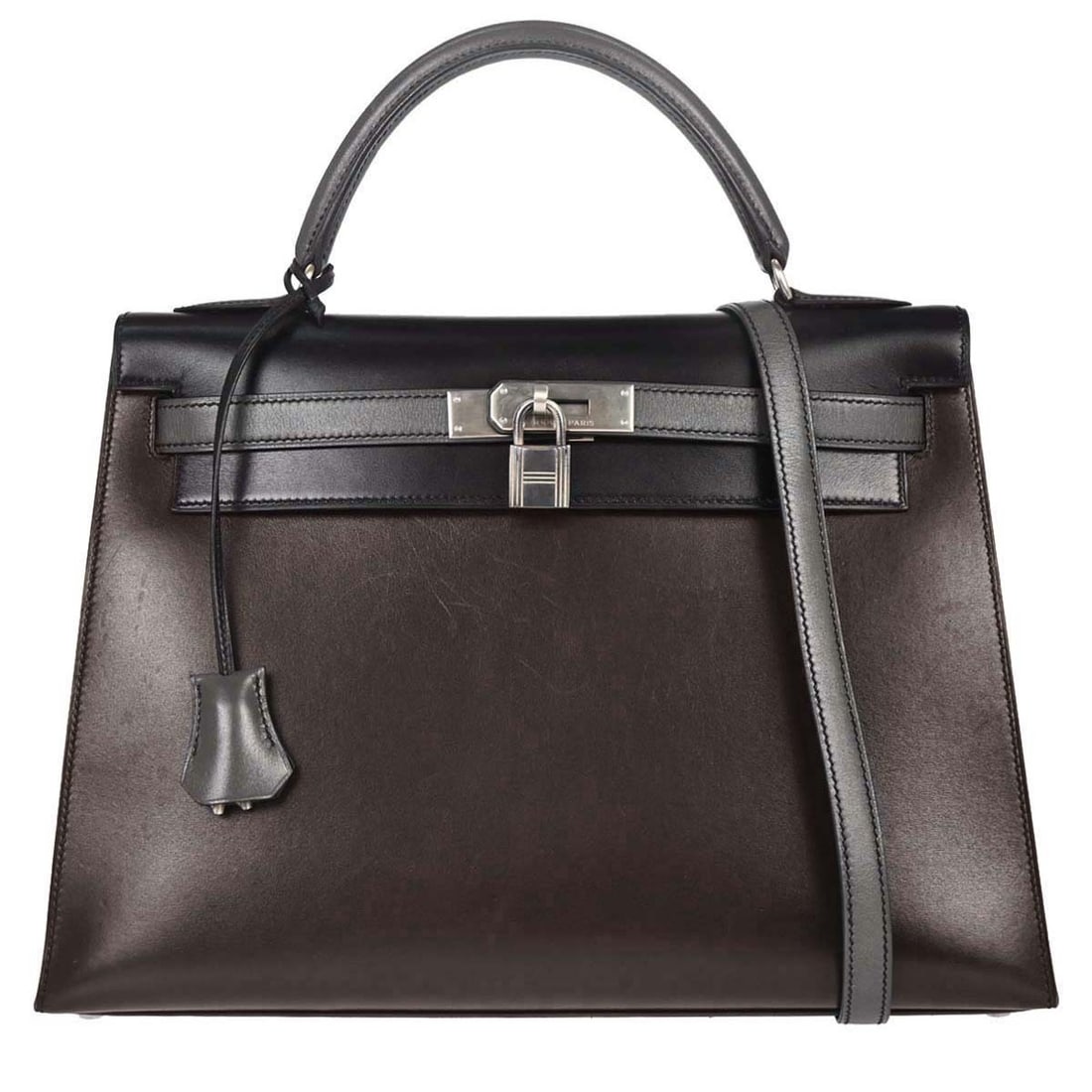 Hermes Kelly 32 Sellier Tricolor Box Calf 2 Way Handbag: Hermes Kelly 32 Sellier Tricolor Box Calf 2 Way Handbag Hermes Kelly 32 Sellier 2way handbag in tricolor box calf leather with a structured top handle design and turn-lock closure. Made in France, thi
