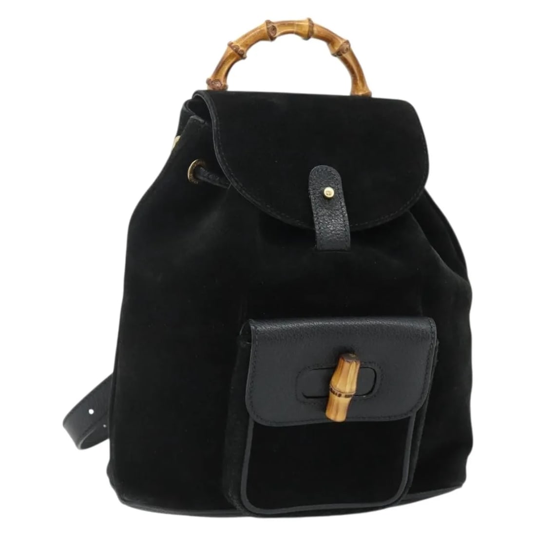 Gucci Bamboo Backpack Black Suede Bag Made in Italy: Gucci Bamboo Backpack Black Suede Bag Made in Italy This is a Gucci bamboo backpack crafted from black suede and designed for unisex use. The bag features the iconic bamboo detail, with a compact silh