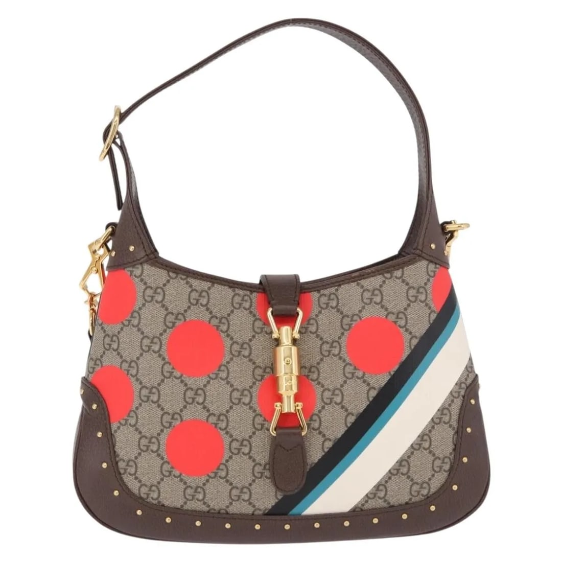 Gucci Jackie 1961 Studded GG Print Canvas Hobo Bag: Gucci Jackie 1961 Studded GG Print Canvas Hobo Bag Gucci Jackie 1961 Hobo Studded Printed GG Coated Canvas bag in beige canvas, made in Italy. The item is listed in excellent condition and described a