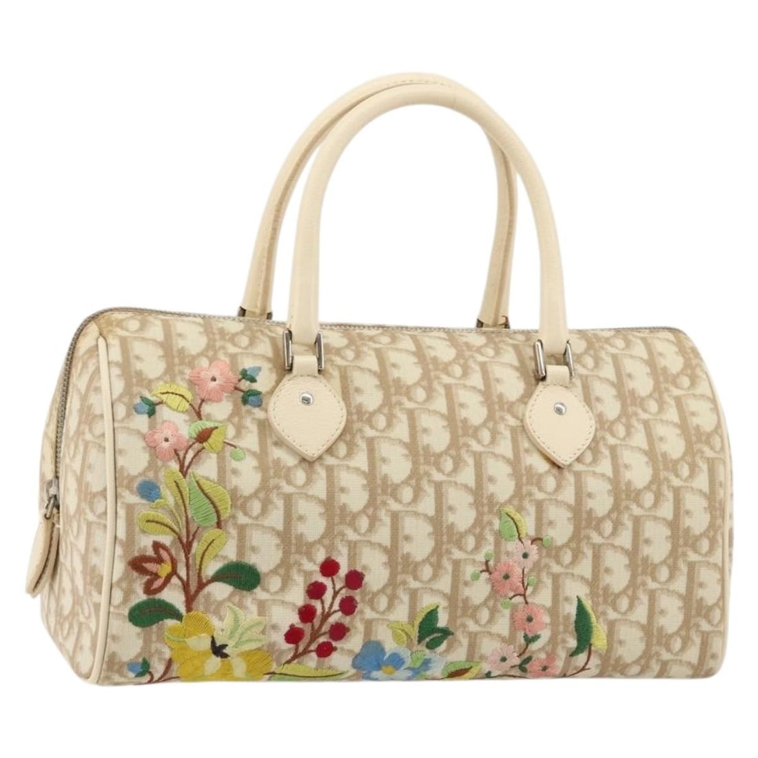 Christian Dior Romantic Trotter Canvas Handbag Beige Silver PVC Leather: Christian Dior Romantic Trotter Canvas Handbag Beige Silver PVC Leather A Christian Dior Romantic hand bag in beige and silver, crafted from PVC leather and Trotter canvas. Made in Italy, it features 