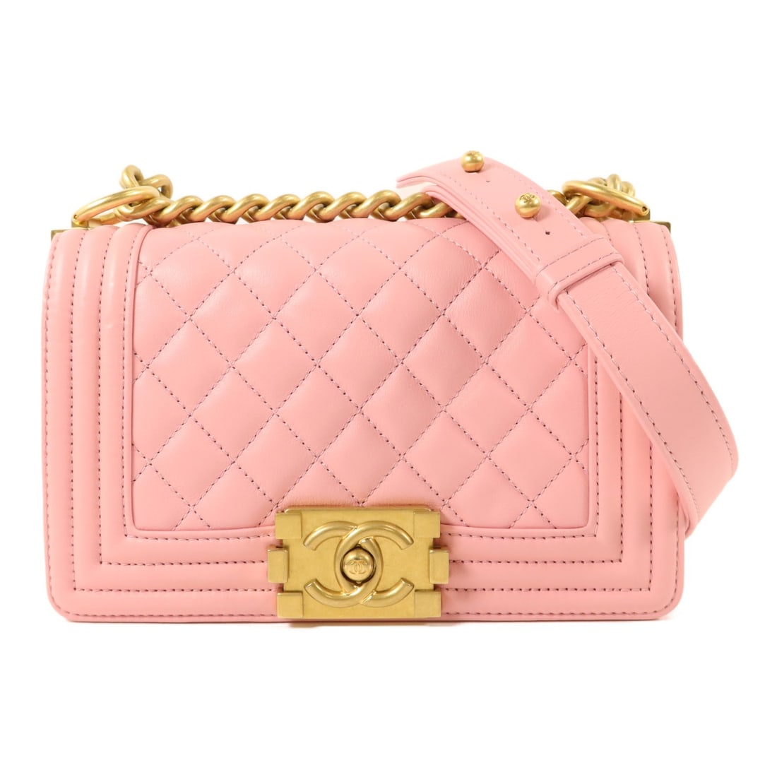 CHANEL Boy 20 Pink Lambskin Chain Shoulder Bag GHW A67085: CHANEL Boy 20 Pink Lambskin Chain Shoulder Bag GHW A67085 A CHANEL Boy 20 chain shoulder bag in pink lambskin leather with gold-tone hardware. It features a shoulder strap and flap pocket, and comes w
