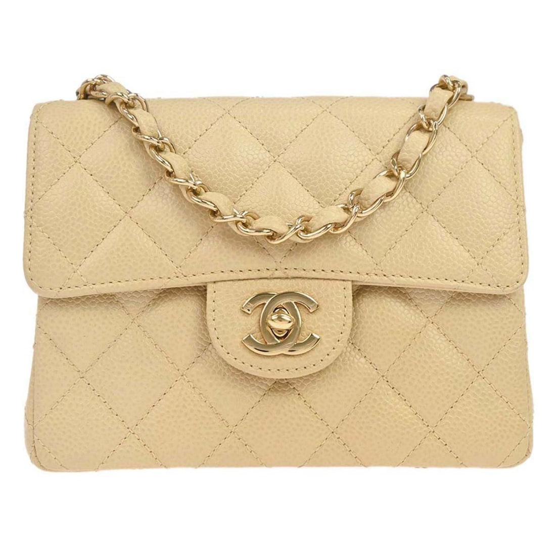 CHANEL Classic Single Flap Mini Square Shoulder Bag Beige Caviar Leather: CHANEL Classic Single Flap Mini Square Shoulder Bag Beige Caviar Leather This Chanel Mini Classic Square Flap Shoulder Bag is crafted in beige caviar skin leather and features a turn lock closure. It 