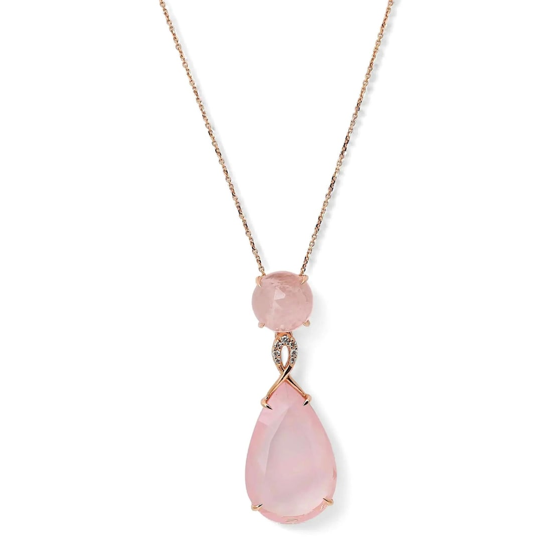 Giovanni Ferraris 18k Rose Gold Pink Quartz Diamond Pendant Necklace: Giovanni Ferraris 18k Rose Gold Pink Quartz Diamond Pendant Necklace This elegant Giovanni Ferraris pendant necklace is crafted from 18k rose gold and features a luminous pear-shaped pink quartz total