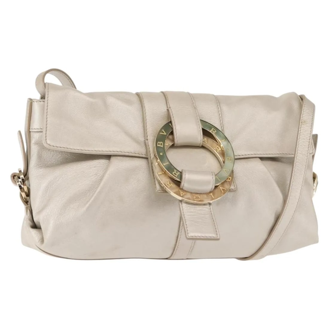 Bvlgari Chandra Flap Shoulder Bag Silver Leather: Bvlgari Chandra Flap Shoulder Bag Silver Leather The Bvlgari Chandra Flap Shoulder Bag for women features a silver leather exterior with a flap closure. This Italian-made shoulder bag measures 28cm x 