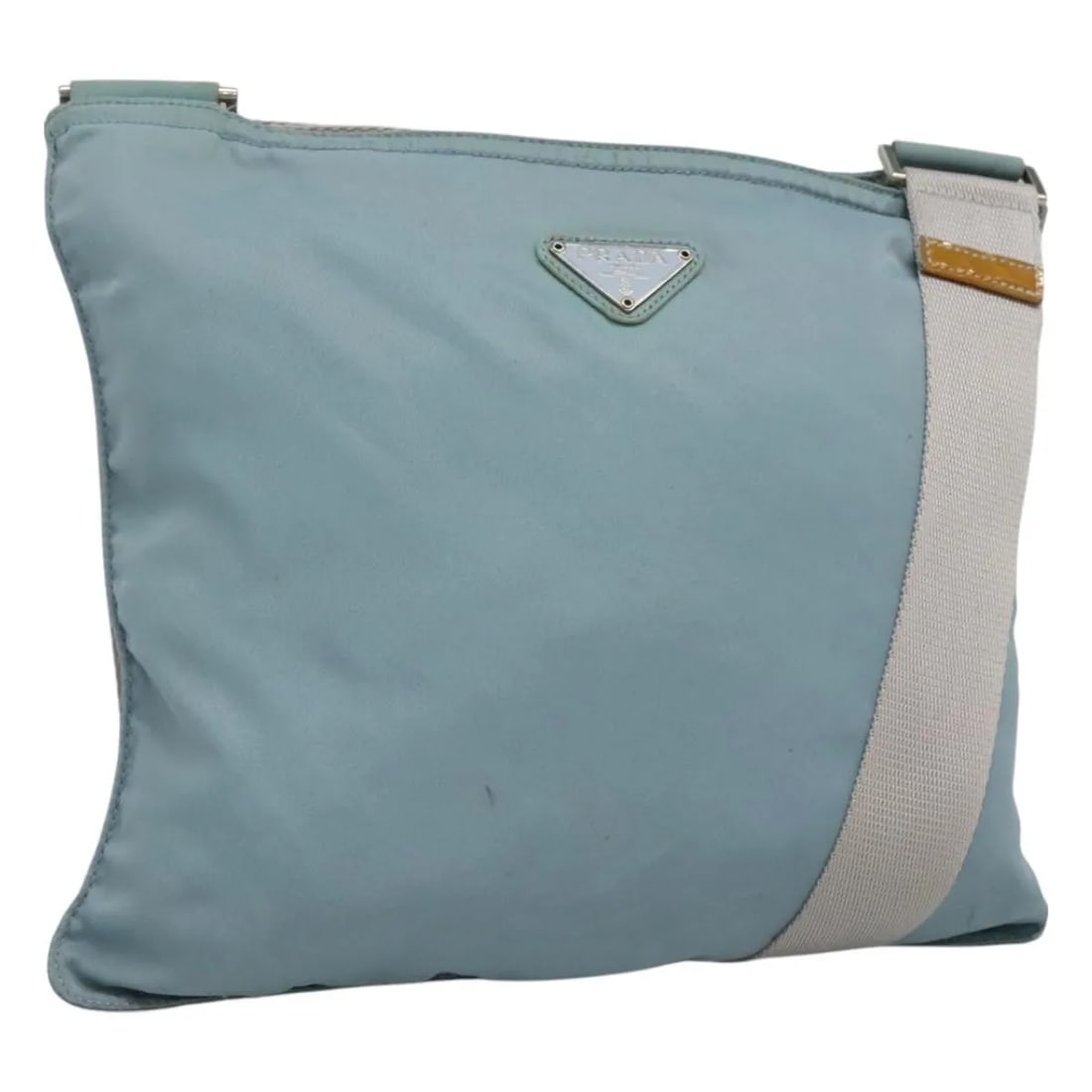 Prada Nylon Flat Messenger Bag in Blue for Women: Prada Nylon Flat Messenger Bag in Blue for Women Prada Flat Messenger Bag designed for women, crafted from blue nylon. This bag features a spacious design suitable for everyday use. It shows signs of 
