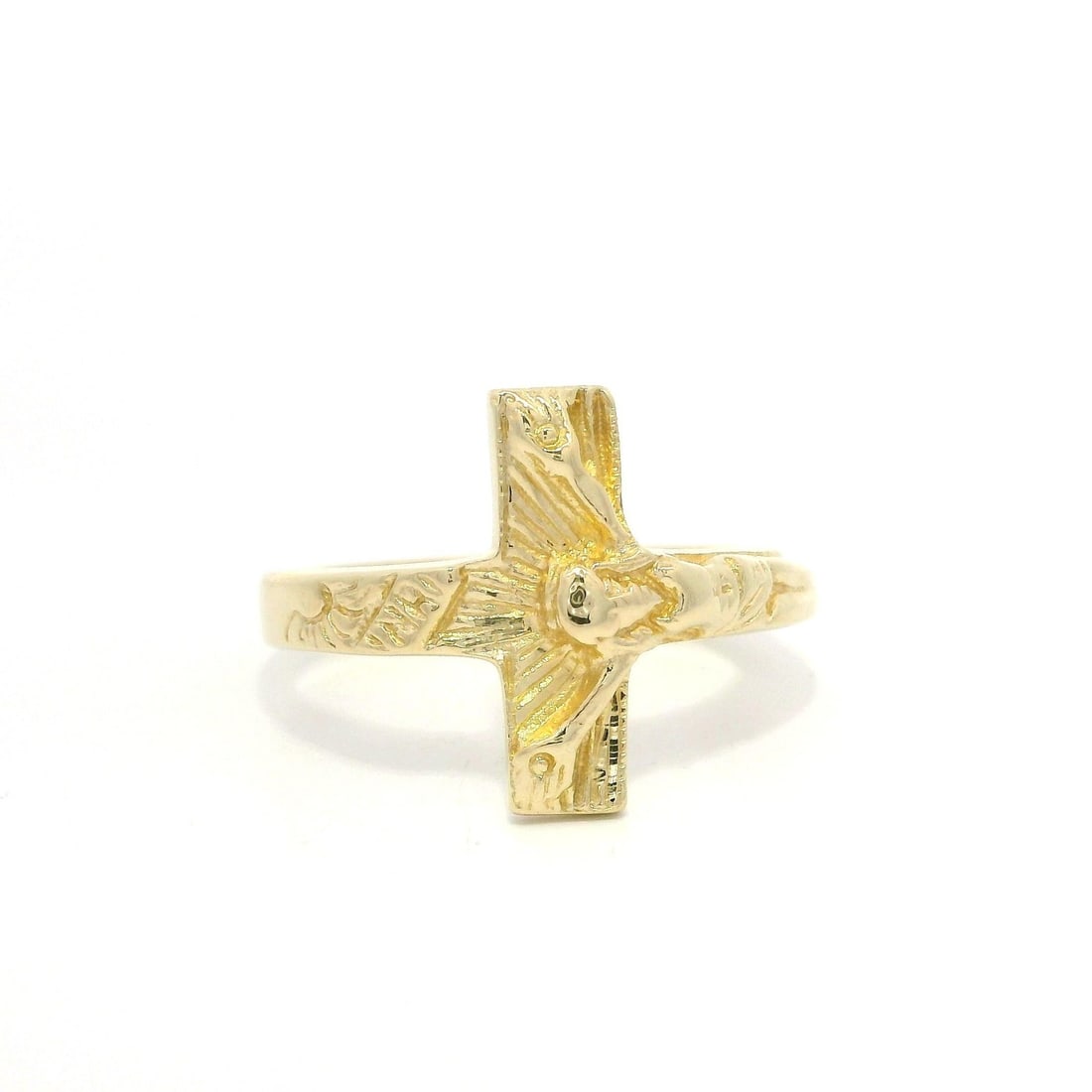 14k Yellow Gold Polished Crucifix Cross Wrap Band Ring Size 5.5: 14k Yellow Gold Polished Crucifix Cross Wrap Band Ring Size 5.5 This exquisite band ring features a polished crucifix cross design, crafted from solid 14k yellow gold. With a total weight of 3.70 gram