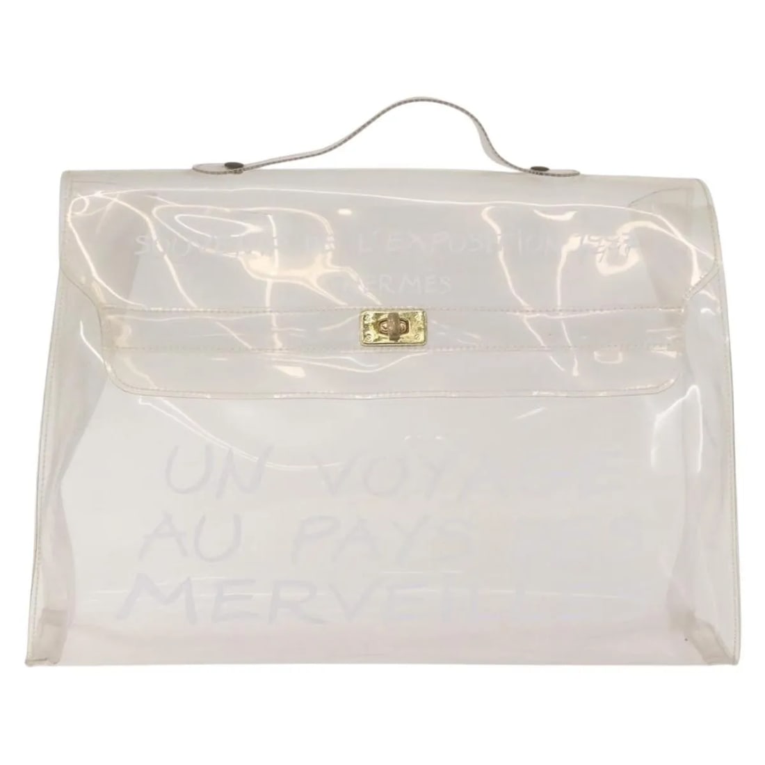 Clear Plastic Handbag Hermes Kelly 40cm x 27cm x 11cm: Clear Plastic Handbag Hermes Kelly 40cm x 27cm x 11cm This Hermes Kelly handbag is crafted from clear plastic and features the iconic Kelly silhouette. Designed for women, the bag measures 40cm x 27cm