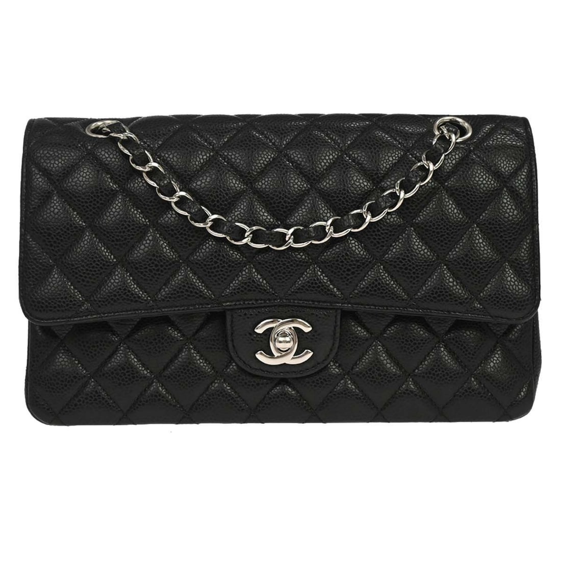 CHANEL Classic Double Flap Medium Black Caviar Leather Shoulder Bag: CHANEL Classic Double Flap Medium Black Caviar Leather Shoulder Bag Chanel Classic Double Flap Medium shoulder bag in black caviar skin leather with a matelasse pattern and leather lining. It features