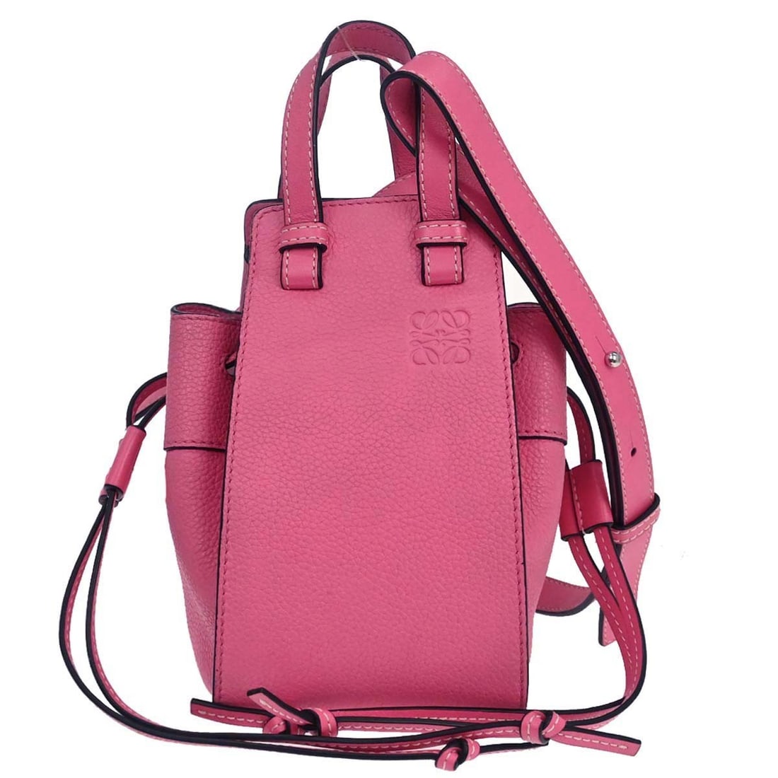 Loewe Hammock Mini Pink Leather 2way Tote Bag with Strap: Loewe Hammock Mini Pink Leather 2way Tote Bag with Strap Loewe Hammock Mini 2way tote handbag in pink leather, made in Spain. This medium-sized bag features double handles, inner pockets, and a should