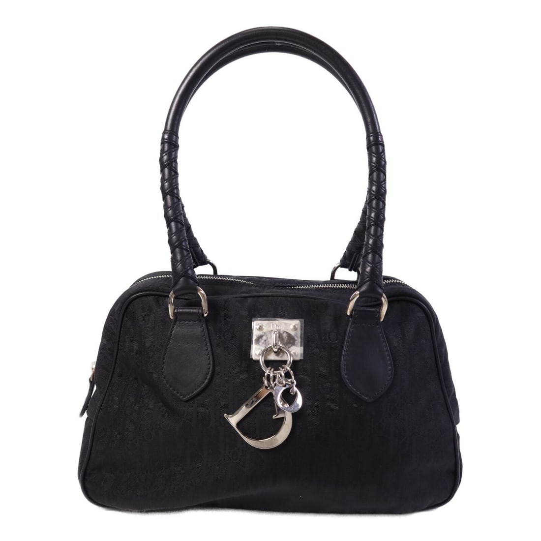 Dior CD Canvas Tote Handbag in Black with Silver Tone Hardware: Dior CD Canvas Tote Handbag in Black with Silver Tone Hardware Christian Dior CD SHW Tote Bag in black canvas. The bag features a black-on-black colorway, a handle drop of 49 cm, and a practical inter