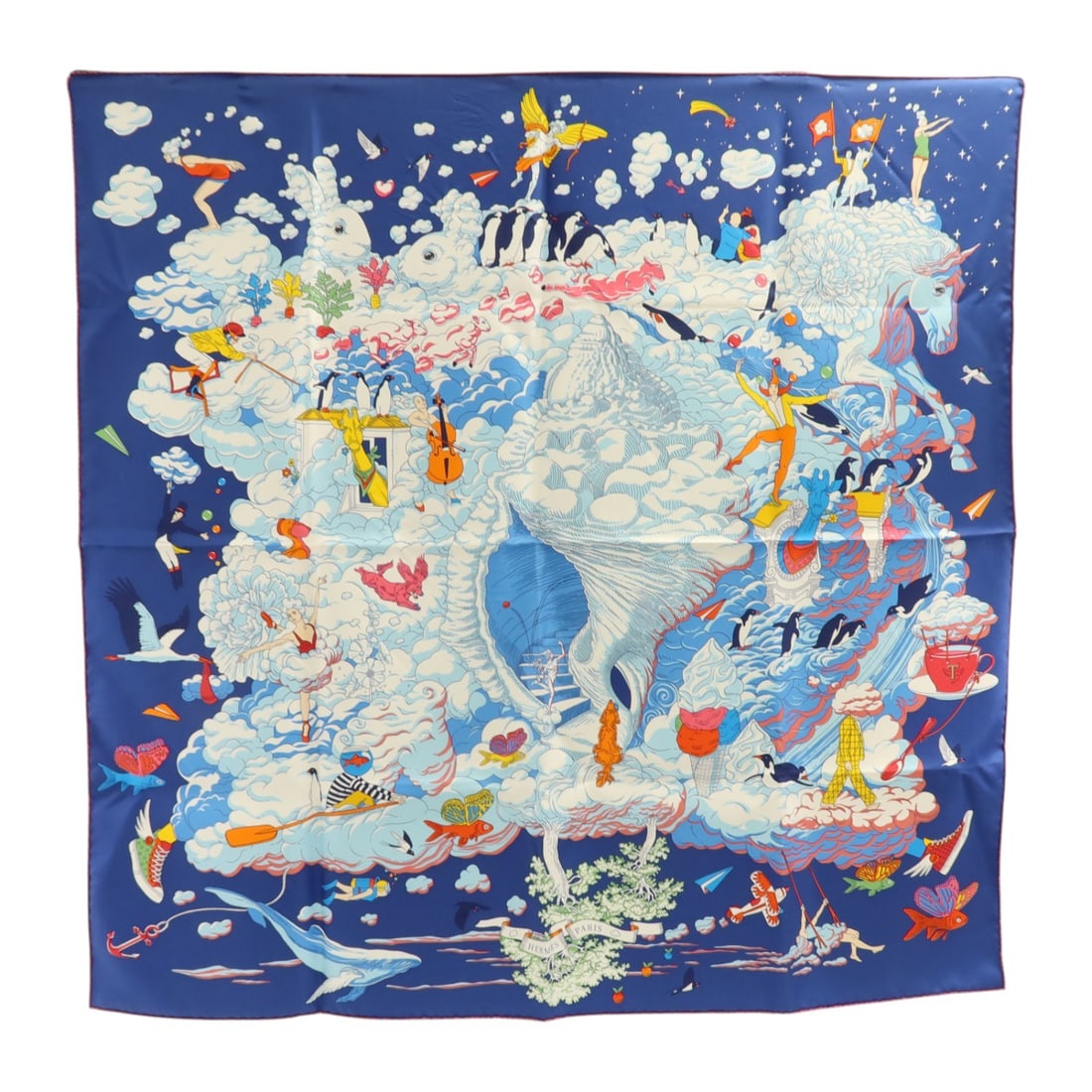 Hermes Silk Scarf Blue Pink Multicolor with Box: Hermes Silk Scarf Blue Pink Multicolor with Box A Hermes silk scarf in blue, pink, and multicolor tones. It comes with a storage box and is described as being in very good AB condition. Specifications