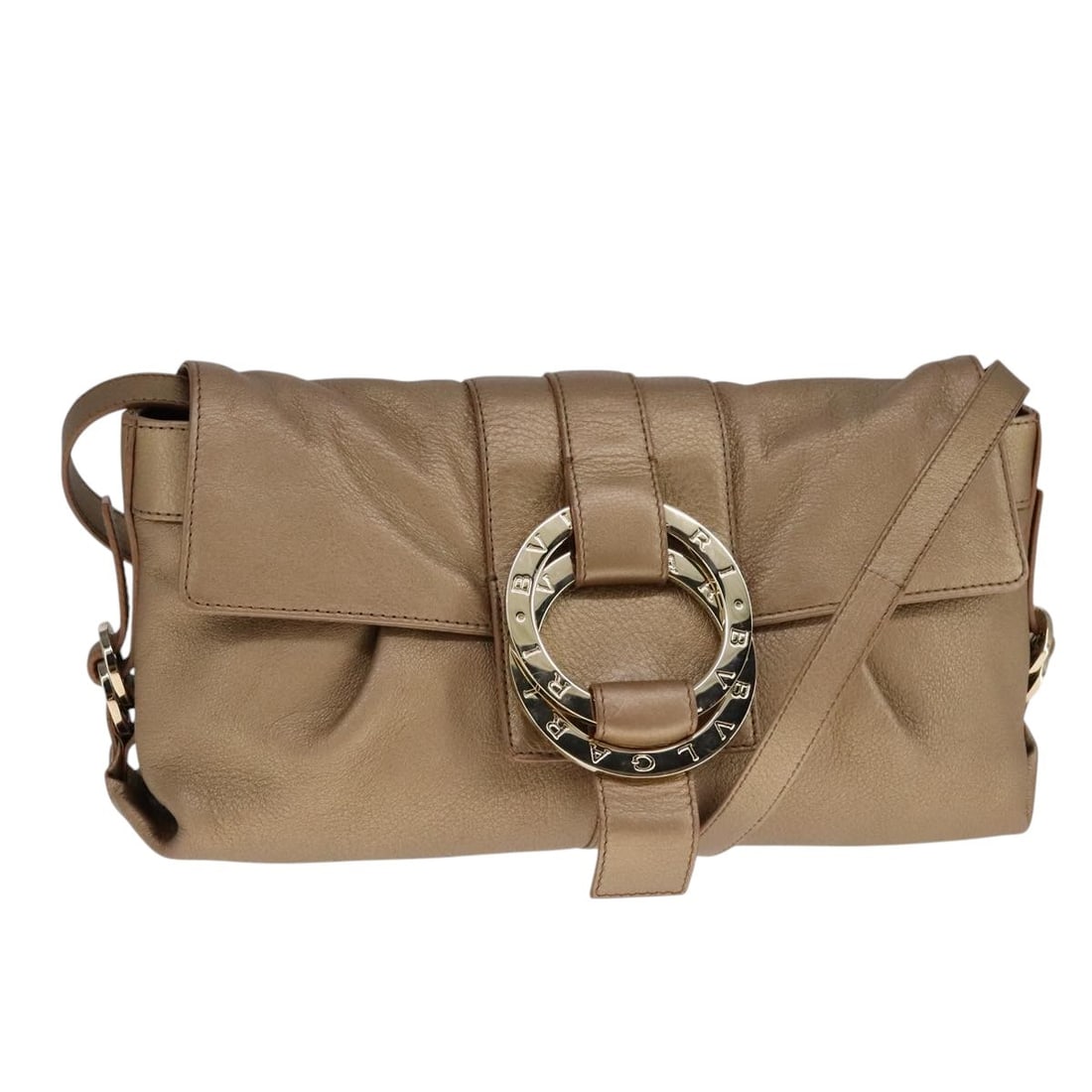 BVLGARI Chandra Bronze Leather Shoulder Bag Made in Italy: BVLGARI Chandra Bronze Leather Shoulder Bag Made in Italy Bvlgari Chandra shoulder bag in bronze leather, made in Italy. The bag measures approximately W31 cm x H14 cm x D7 cm (W12.2 x H5.5 x D2.8 inc