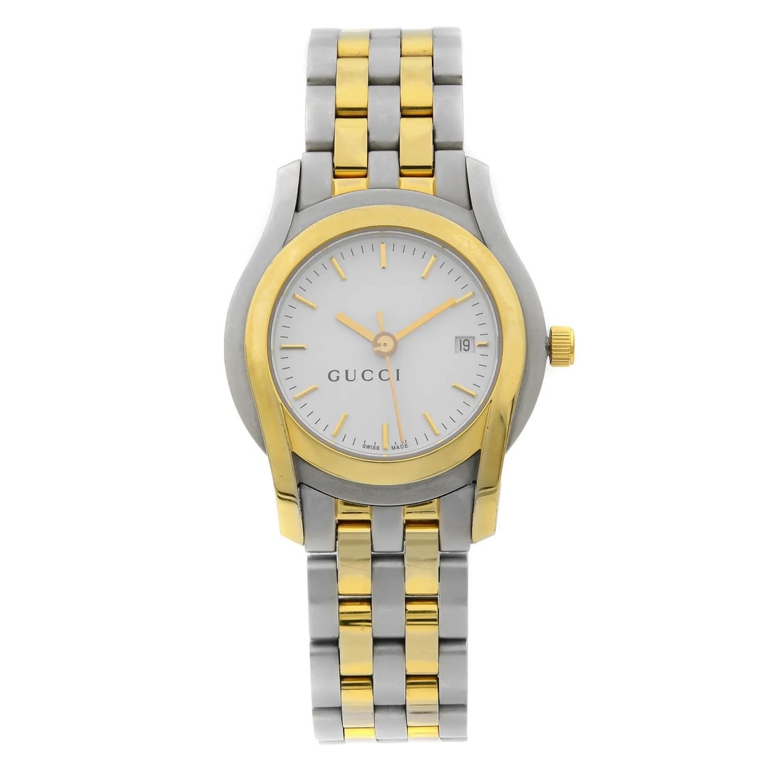 Gucci YA055528 White Sticks Dial Gold Tone Quartz Ladies Watch: Gucci YA055528 White Sticks Dial Gold Tone Quartz Ladies Watch This Gucci 5500L watch features a classic design with a stylish white sticks dial and a gold tone stainless steel case. The analog displa