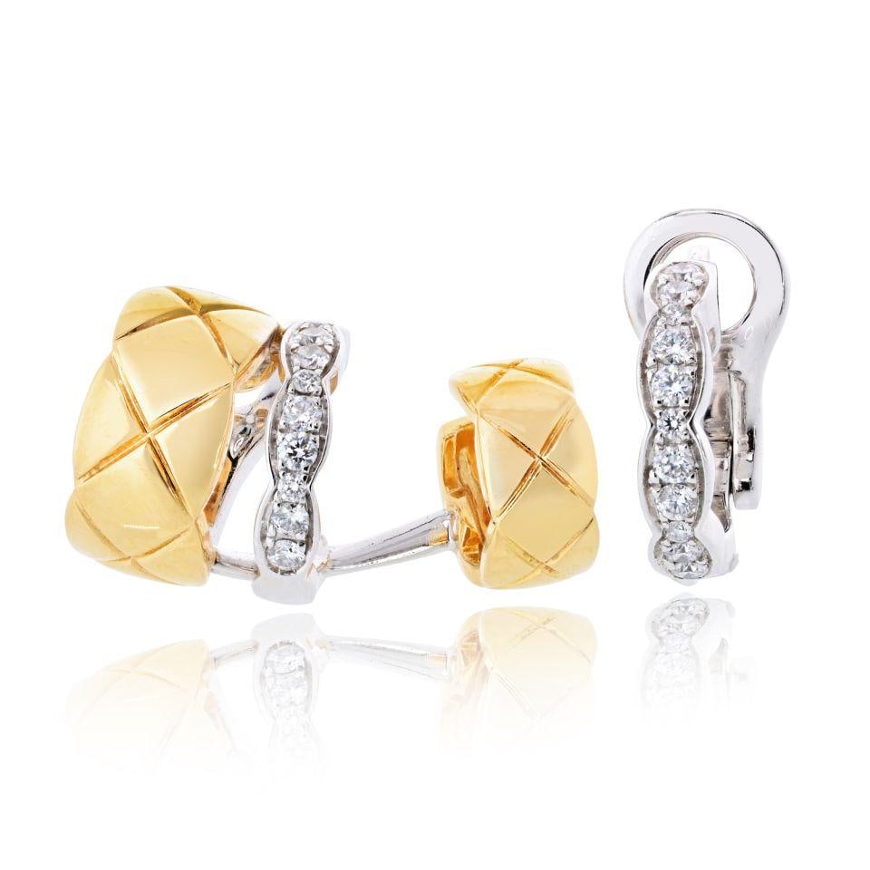 18K Two Tone Chanel Coco Crush Earrings: 18K Two Tone Chanel Coco Crush Earrings Pre-owned Chanel Coco Crush earrings in 18K two tone metal. The item is identified as earrings and has a listed weight of 8.2 grams. Specifications Type: Earrin