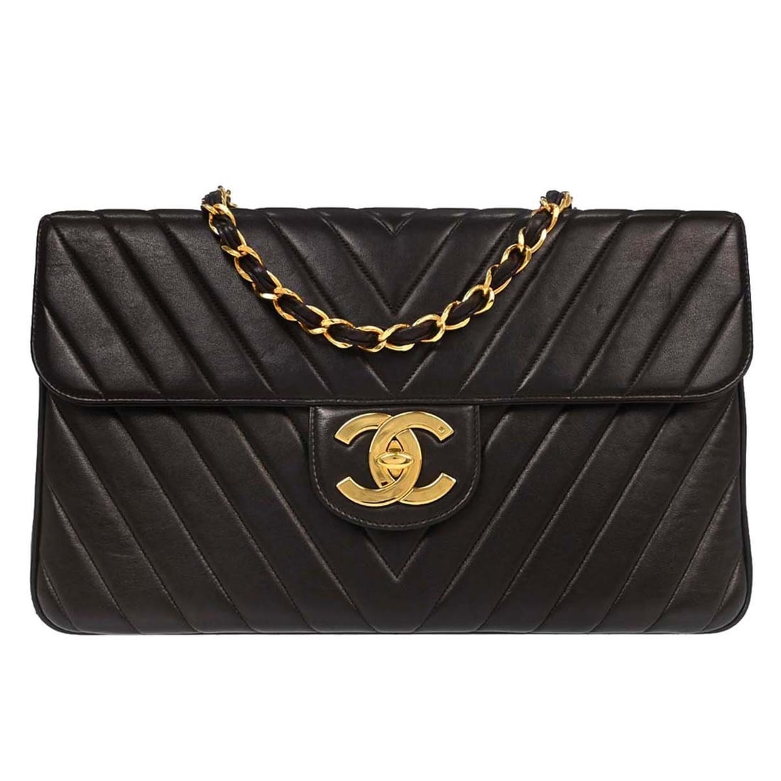 CHANEL Double Chain Shoulder Bag Black Lambskin Maxi Classic Flap: CHANEL Double Chain Shoulder Bag Black Lambskin Maxi Classic Flap Chanel Classic Flap Maxi shoulder bag in black lambskin leather with a chevron matelasse quilted design and turn-lock closure. This la