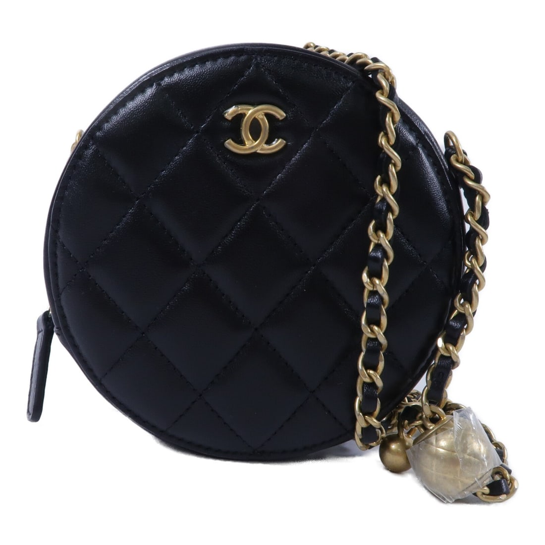 CHANEL AP1449 Pearl Crush Round Shoulder Bag Black Lambskin: CHANEL AP1449 Pearl Crush Round Shoulder Bag Black Lambskin Black CHANEL CC Pearl Crush Round Chain Shoulder Bag, model AP1449, made from lambskin (sheep leather). It features a chain shoulder strap a