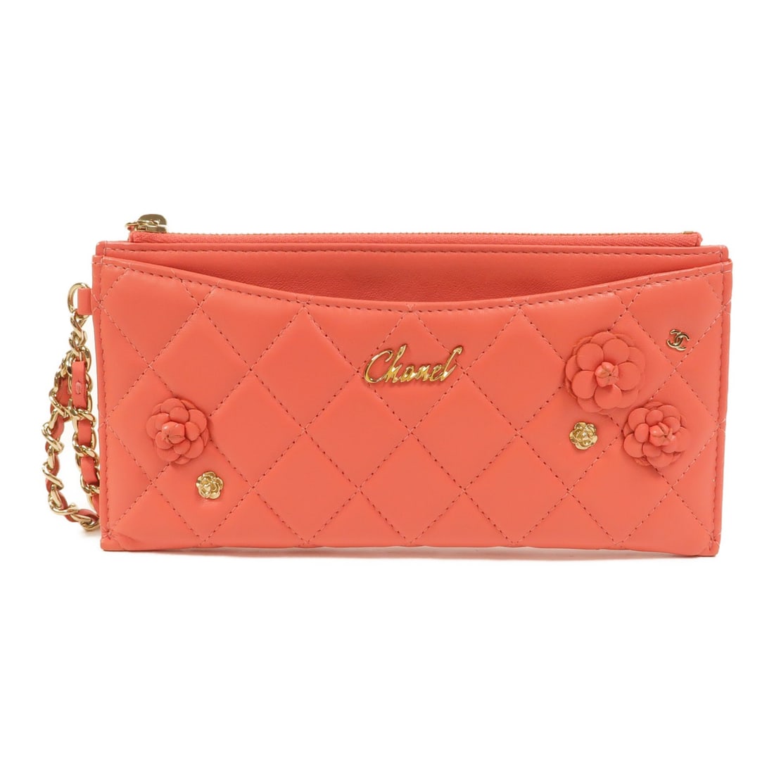 CHANEL Camellia Lambskin Long Wallet Clutch Pink CC GHW: CHANEL Camellia Lambskin Long Wallet Clutch Pink CC GHW A CHANEL CC camellia clutch long wallet in pink lambskin leather with gold-tone hardware. It features a flap closure, six card slots, and comes 