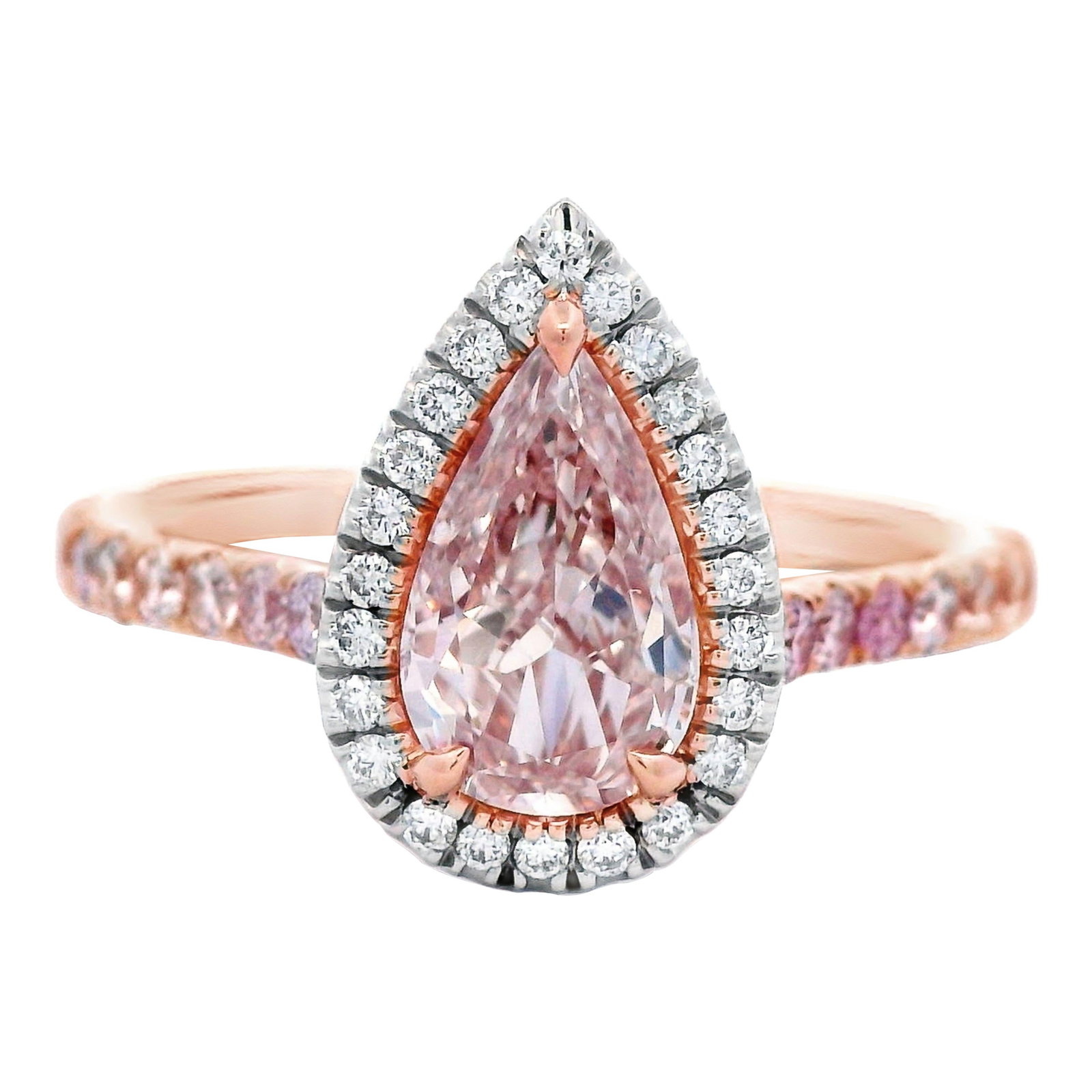 GIA 0.77ct Fancy Light Pink Diamond Halo Ring 18k Gold: GIA 0.77ct Fancy Light Pink Diamond Halo Ring 18k Gold This exquisite ring features a stunning GIA-certified 0.77ct Fancy Light Pink diamond at its center, elegantly surrounded by a halo of pink diamo