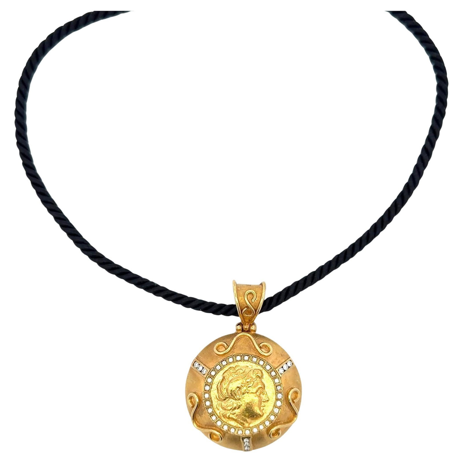 Harbor Diamonds 18K Yellow Gold Greek Coin Pendant Necklace with 0.68ct Diamonds: Harbor Diamonds 18K Yellow Gold Greek Coin Pendant Necklace with 0.68ct Diamonds This exquisite pendant necklace features a large medallion adorned with a Greek Roman motif, crafted from luxurious 18 