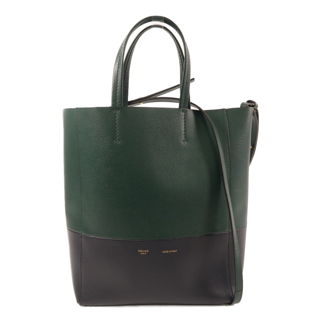 CELINE Cabas PM 2 Way Calfskin Shoulder Bag Navy Green: CELINE Cabas PM 2 Way Calfskin Shoulder Bag Navy Green A CELINE Cabas PM 2 Way Shoulder Bag made from calfskin leather in Navy/Green. It features a shoulder strap, an inside zip pocket, and a handle d