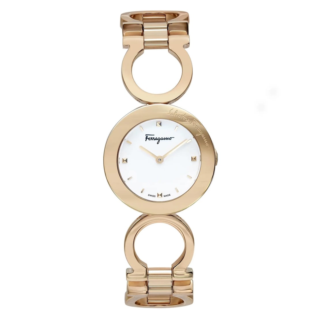 Ladies Quartz Wristwatch Salvatore Ferragamo Gancino SFYA00321 White Dial: Ladies Quartz Wristwatch Salvatore Ferragamo Gancino SFYA00321 White Dial Salvatore Ferragamo Gancino women's wristwatch with a round white analog dial and gold-tone bracelet. It features a quartz mov