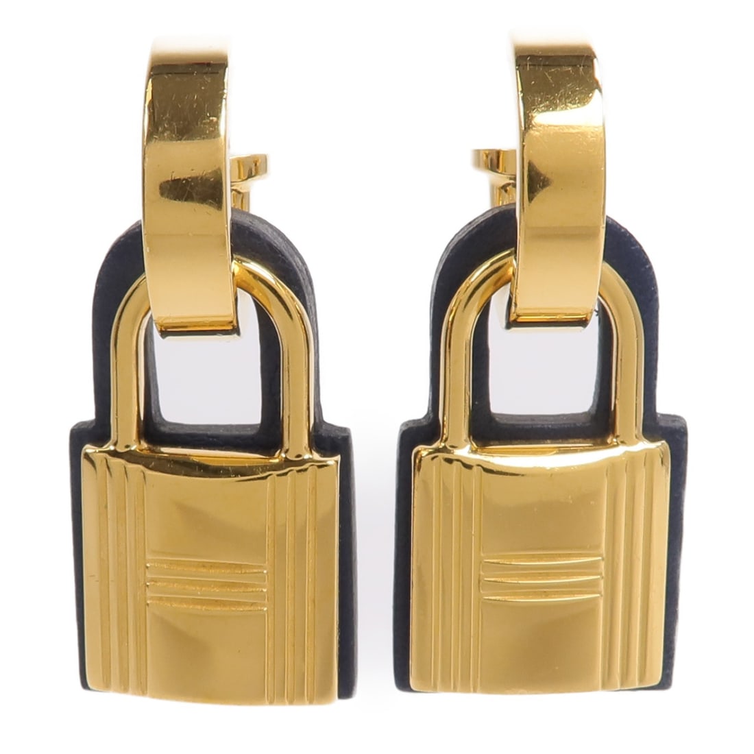 Hermes O'Kelly Leather Metal Earrings Bleu Profond Gold Tone: Hermes O'Kelly Leather Metal Earrings Bleu Profond Gold Tone Hermes O'Kelly earrings in leather and metal, finished in Bleu Profond / BluexDeep Blue. The item is D stamped and made in 2019, and it com