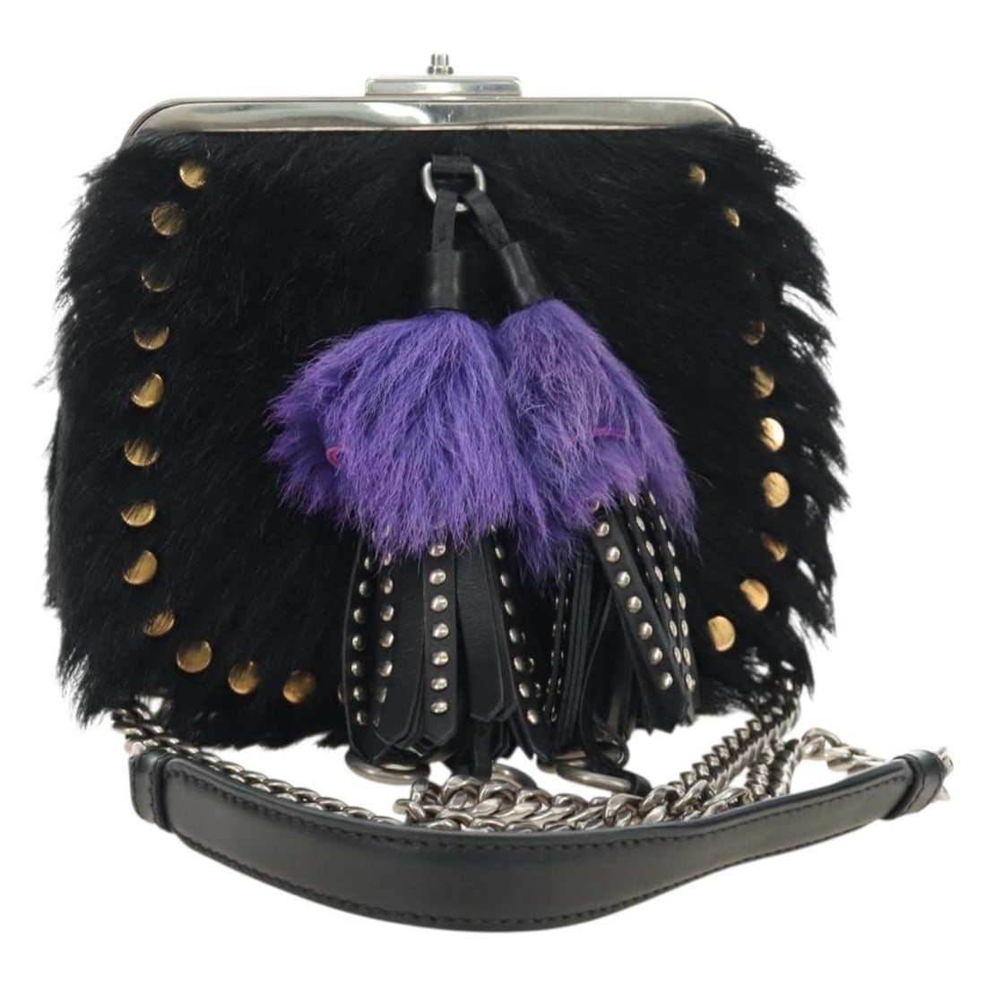 PRADA Fur Shoulder Bag Black Silver Chain Strap with Dust Bag: PRADA Fur Shoulder Bag Black Silver Chain Strap with Dust Bag This Prada shoulder bag is crafted from fur in a black and silver colorway. Made in Italy, it features a shoulder strap with an approximat