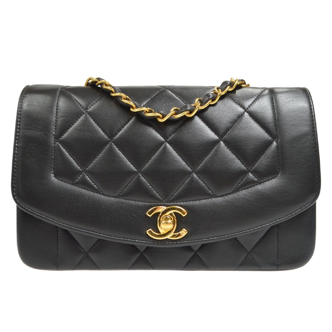 CHANEL Small Diana black lambskin quilted shoulder bag: CHANEL Small Diana black lambskin quilted shoulder bag Chanel Small Diana shoulder bag in black lambskin leather with a quilted matelasse design and CC turn-lock flap closure. This women's bag feature