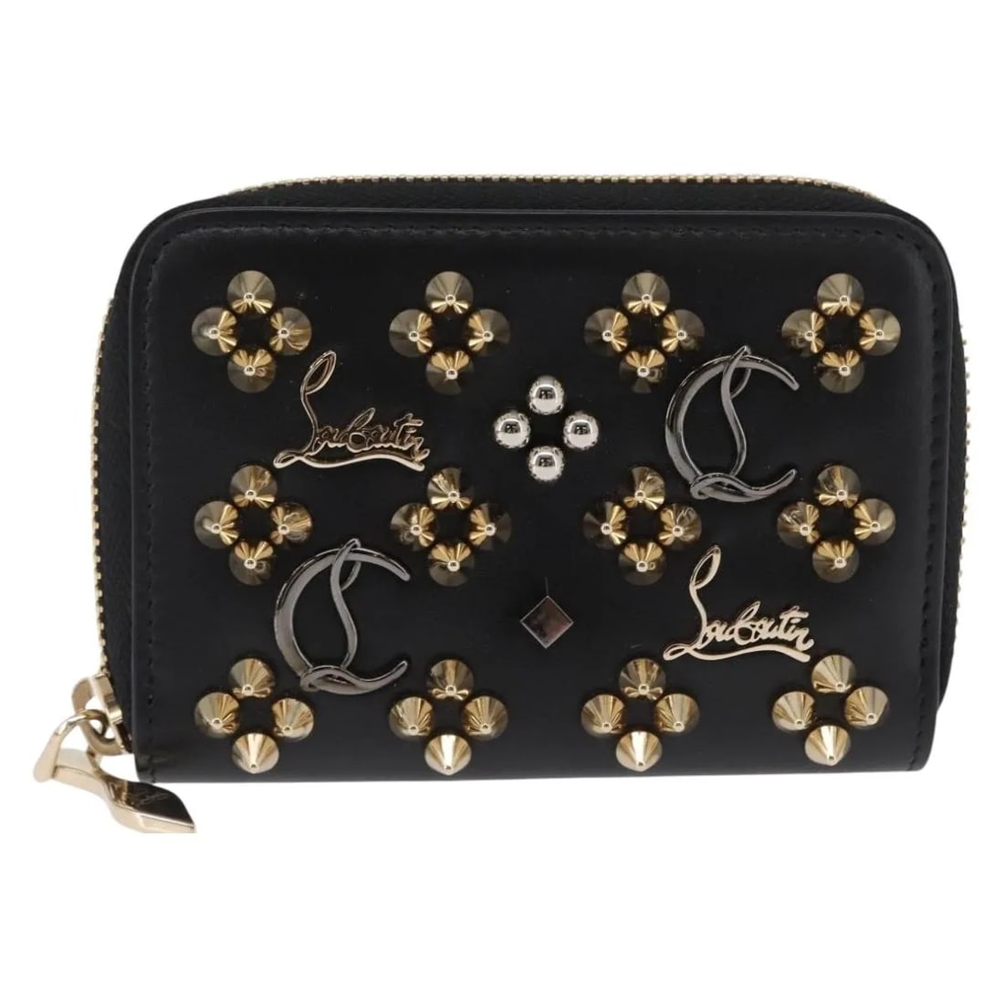 Black Leather Panettone Coin Purse by Christian Louboutin: Black Leather Panettone Coin Purse by Christian Louboutin Christian Louboutin Panettone coin purse crafted from black leather, designed for women. This compact purse features excellent condition insid