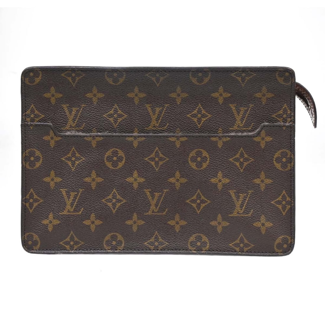 Louis Vuitton Pochette Homme Monogram Canvas Clutch M51795: Louis Vuitton Pochette Homme Monogram Canvas Clutch M51795 Vintage Louis Vuitton Pochette Homme clutch bag in brown Monogram canvas with leather trim and a zip closure. This rectangular small bag feat