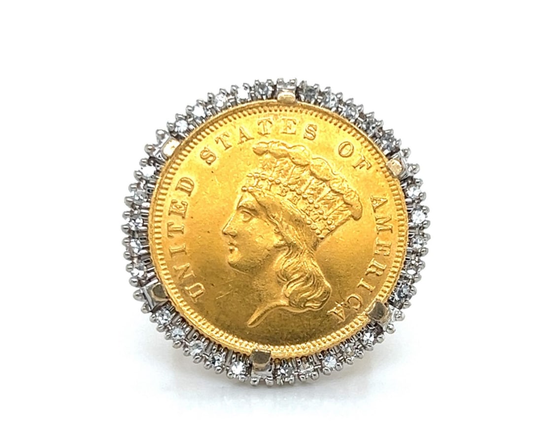 14k Yellow Gold Ring with 1855 Indian Princess $3 Coin and Diamonds Size 4: 14k Yellow Gold Ring with 1855 Indian Princess $3 Coin and Diamonds Size 4 This vintage estate style coin bezel statement ring features an authentic 1855 Indian Princess $3 Gold Coin set in a solid 14