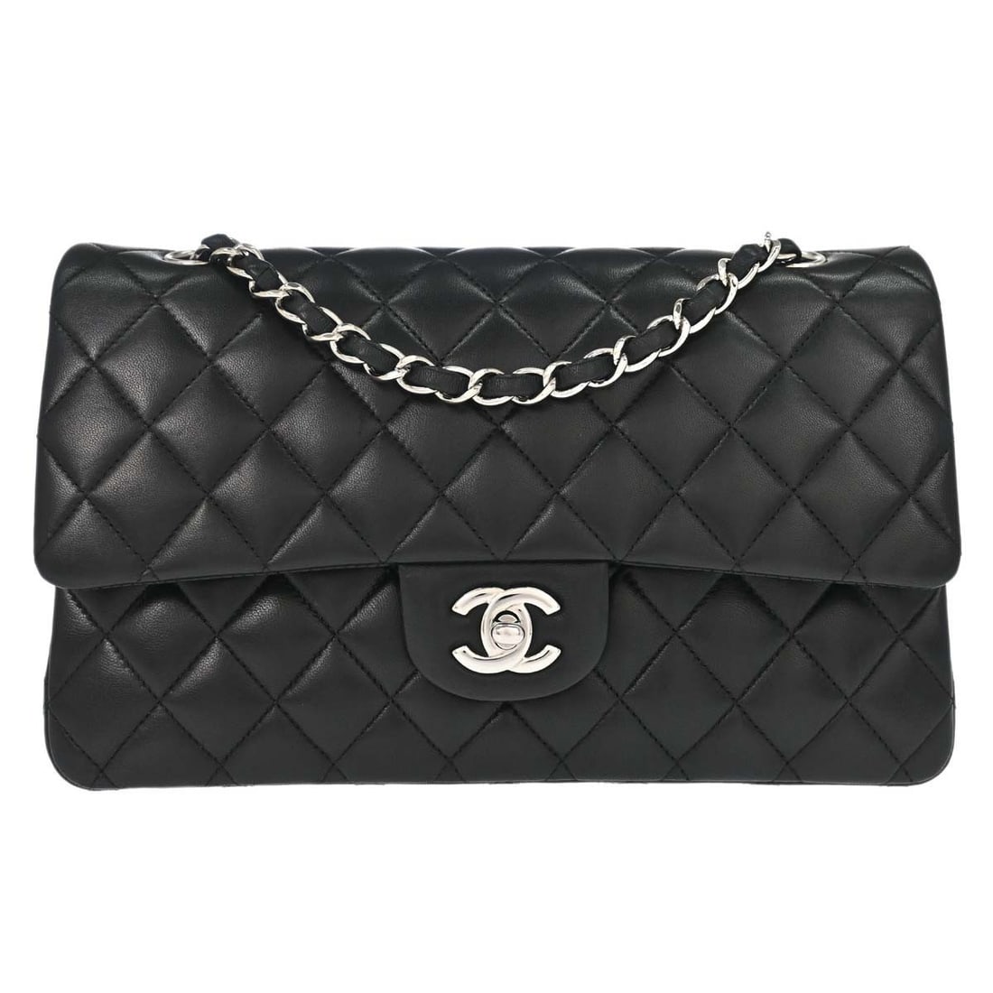CHANEL Classic Double Flap Medium Shoulder Bag Black Lambskin: CHANEL Classic Double Flap Medium Shoulder Bag Black Lambskin A Chanel Medium Classic Double Flap shoulder bag in black lambskin leather, made in France. It features a turn lock closure, shoulder stra