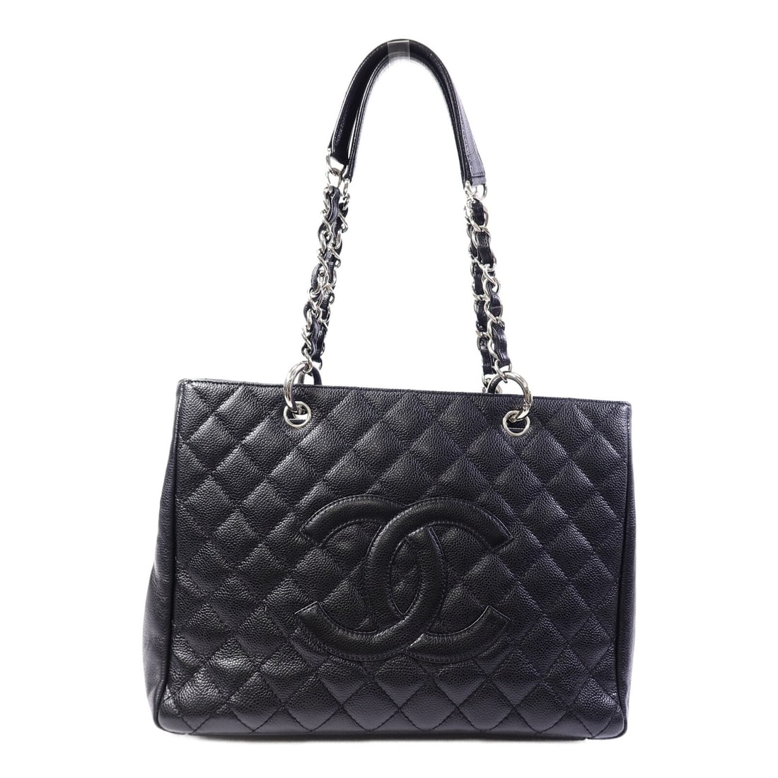 Chanel GST Grand Shopping Tote Black Calfskin Leather CC SHW: Chanel GST Grand Shopping Tote Black Calfskin Leather CC SHW A CHANEL Grand Shopping Tote bag in black calfskin leather with a CC turn-lock style detail and silver-tone hardware. The bag is presented 