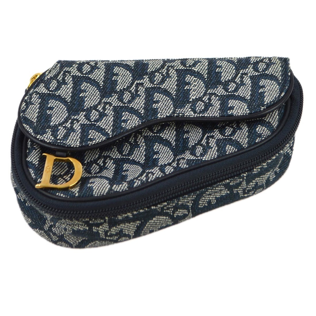 Christian Dior Saddle Mini Pouch Navy Trotter Canvas Leather MC1928: Christian Dior Saddle Mini Pouch Navy Trotter Canvas Leather MC1928 Christian Dior mini pouch bag from 1998 in the Saddle Trotter design. This women's pouch features a navy and gray canvas and leather