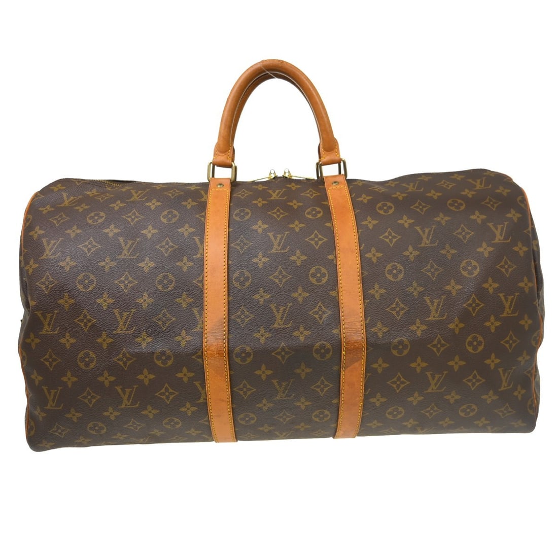 Louis Vuitton Keepall 55 Monogram Canvas Duffle Bag M41424: Louis Vuitton Keepall 55 Monogram Canvas Duffle Bag M41424 Vintage Louis Vuitton Keepall 55 travel handbag in Monogram canvas with leather trim and double handles. This extra large duffle-style bag fe