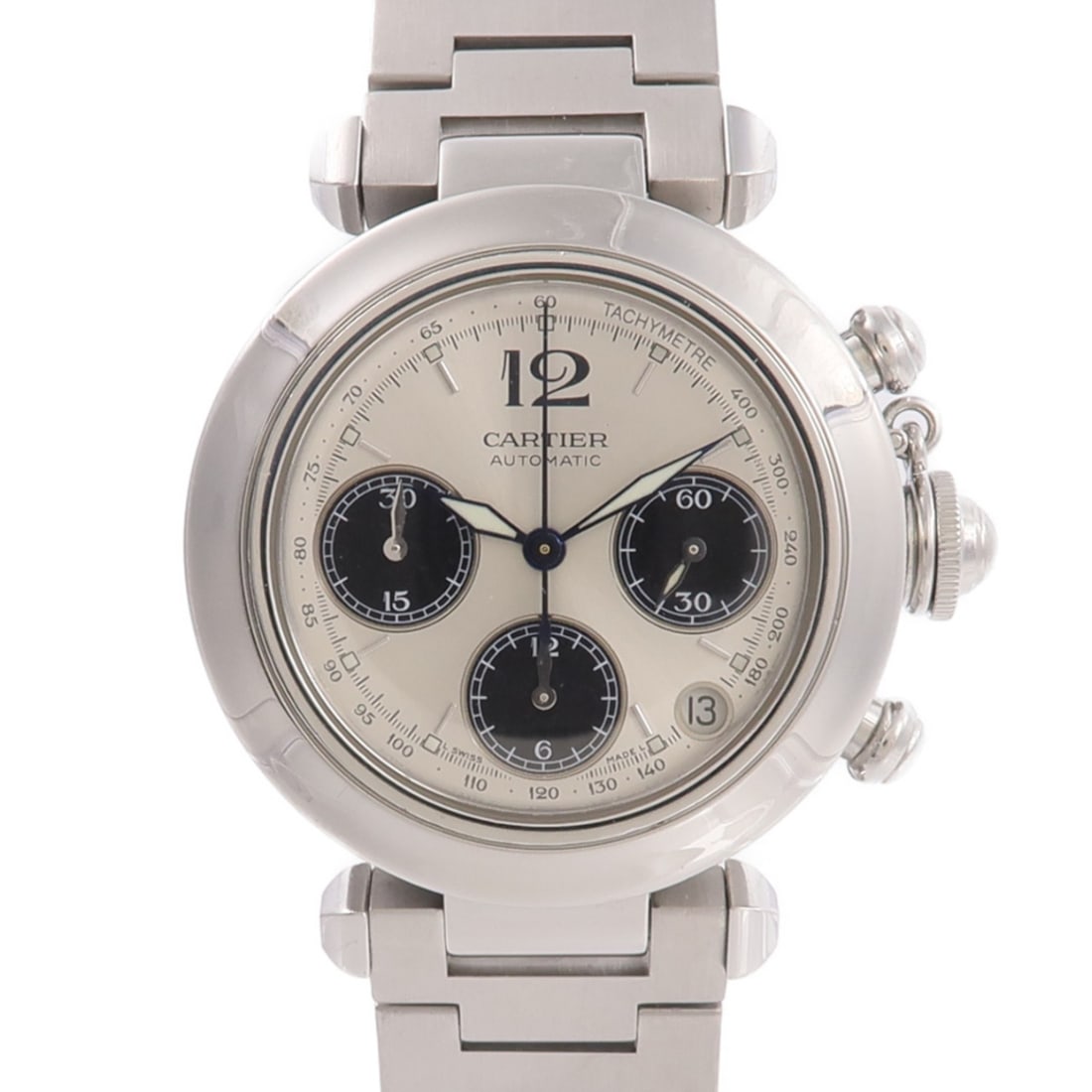 Cartier W31048M7 Pasha C mens automatic stainless steel watch white: Cartier W31048M7 Pasha C mens automatic stainless steel watch white Automatic men's watch with a stainless steel case and white finish. It features a 37 mm case diameter without crown, a 15 cm band le