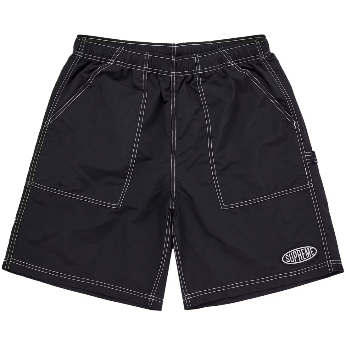 Supreme Black Nylon Painter Shorts Small: Supreme Black Nylon Painter Shorts Small The Supreme Nylon Painter Short in black offers a casual and functional design, crafted from durable nylon material. This short is designed for comfort and sty