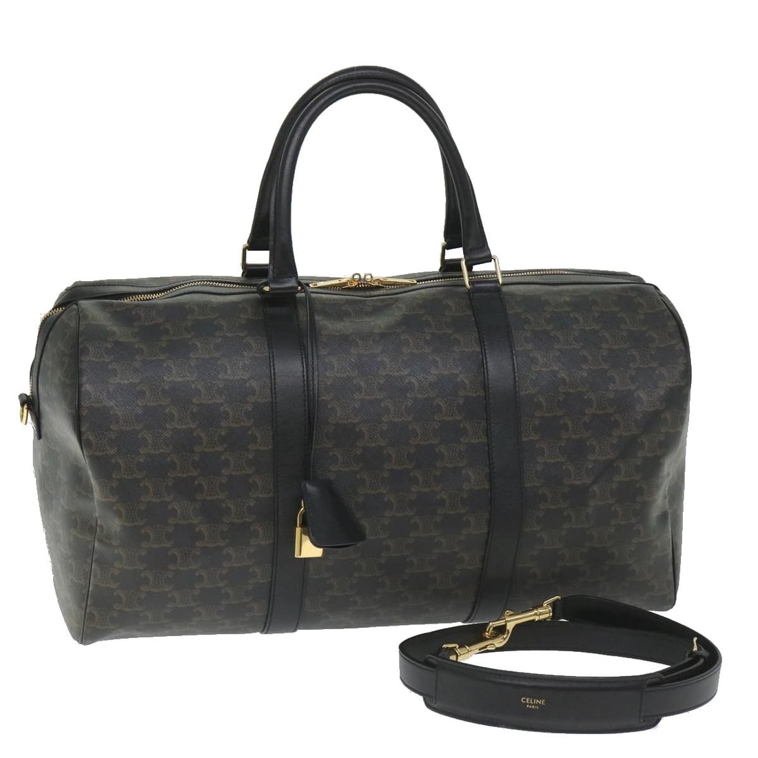 CELINE Triomphe 2way Boston Bag in Black PVC Leather: CELINE Triomphe 2way Boston Bag in Black PVC Leather Celine Triomphe canvas Boston bag in black with PVC leather and Macadam canvas construction. This women's 2-way bag includes a padlock, two keys, c
