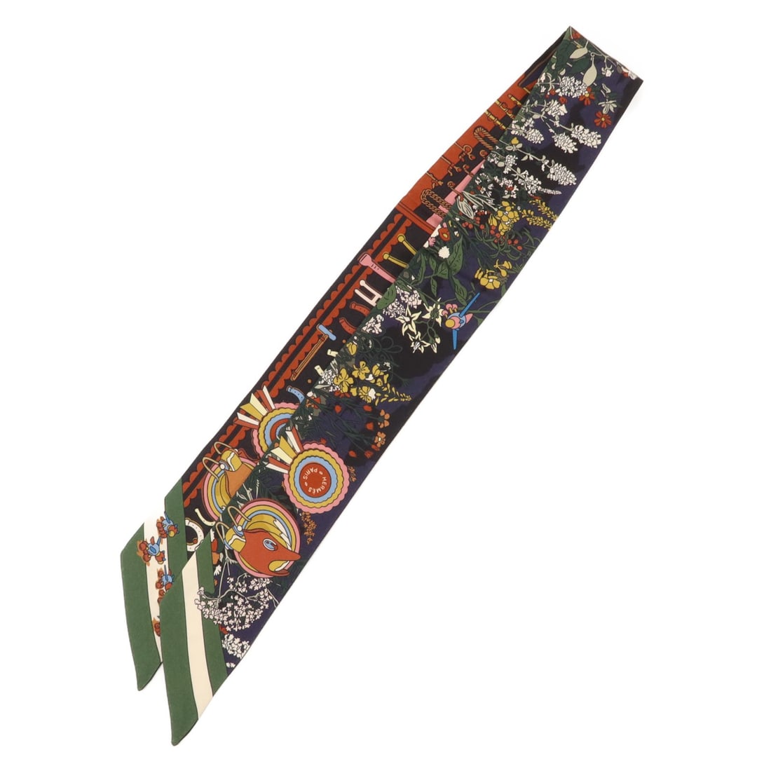 Hermes Twilly Silk Scarf Multicolor Green: Hermes Twilly Silk Scarf Multicolor Green Hermes Twilly scarf in multicolor and green/multi, made from silk. The item measures 85 cm x 5 cm (33.5 in x 2.0 in) and is in B: Reasonable Wear and Tear con