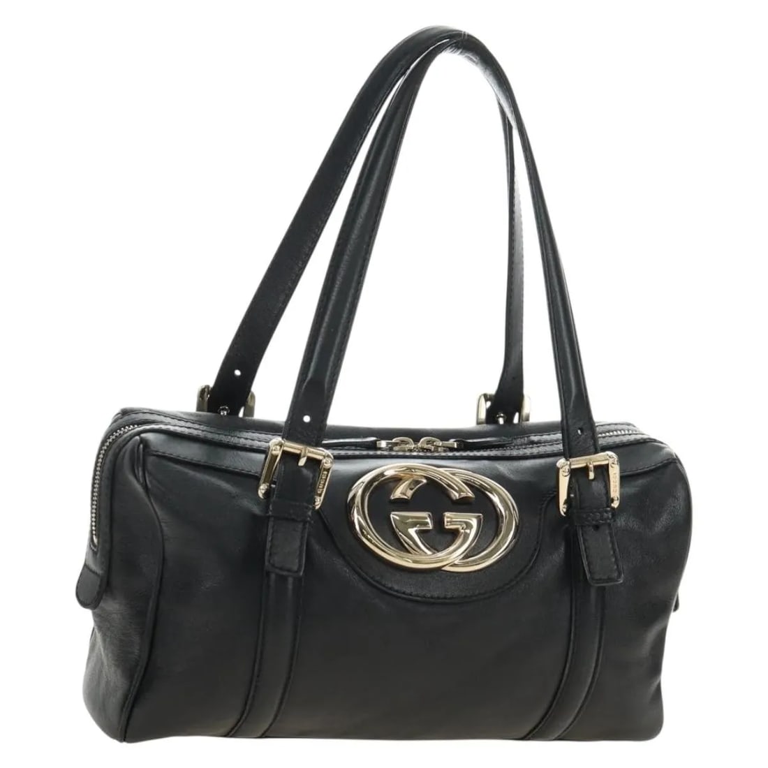 Gucci Britt Boston Duffle Black Leather Handbag: Gucci Britt Boston Duffle Black Leather Handbag Gucci Britt Boston Duffle leather bag in black, designed for women. Made in Italy, it measures 28 cm x 16 cm x 9 cm. The bag is in good condition with l