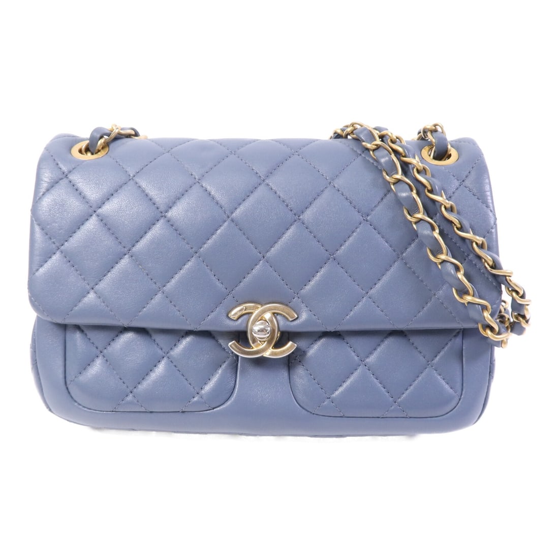 CHANEL CC Lambskin Chain Shoulder Bag Blue Gold Tone Hardware: CHANEL CC Lambskin Chain Shoulder Bag Blue Gold Tone Hardware CHANEL CC GHW Chain Shoulder Bag in blue lambskin leather. This shoulder bag features a turn lock closure, a chain shoulder strap, and a p