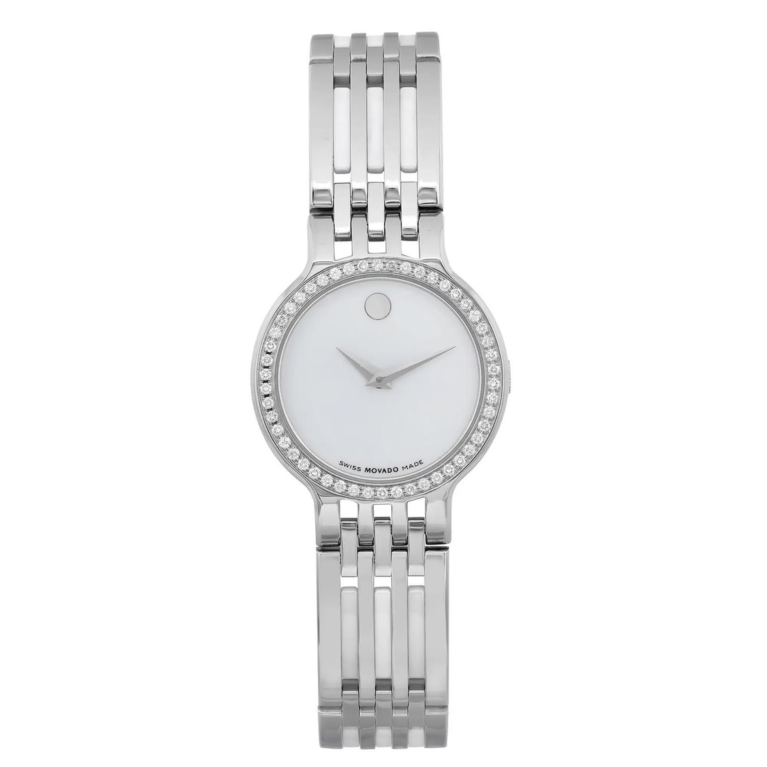 Movado Esperanza Quartz Ladies Watch White Dial Diamond Bezel Steel Bracelet: Movado Esperanza Quartz Ladies Watch White Dial Diamond Bezel Steel Bracelet Introducing the Movado Esperanza Diamonds Ladies Watch, a stunning blend of elegance and functionality. This Swiss-made wri