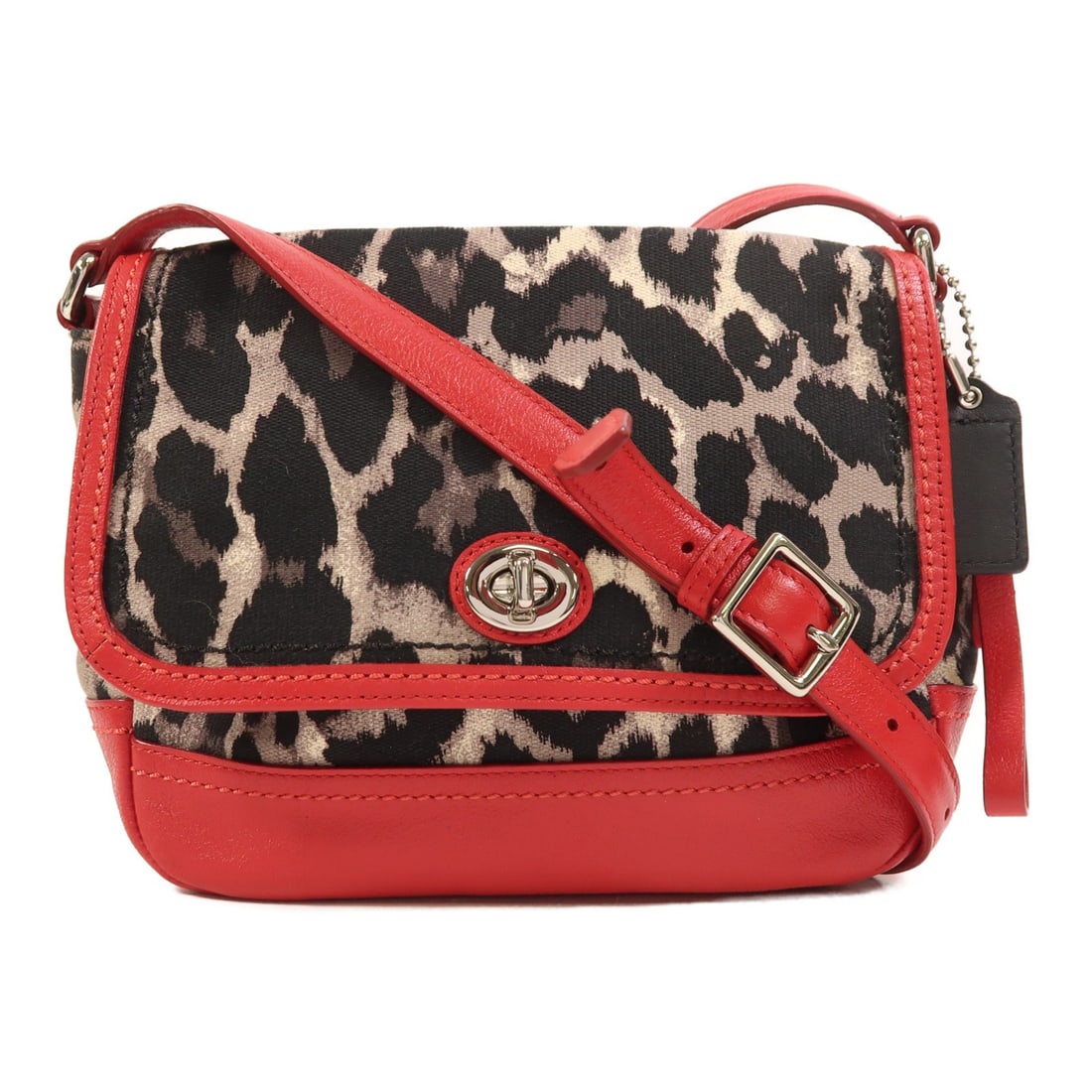 COACH F24103 Red Canvas Calfskin Shoulder Bag: COACH F24103 Red Canvas Calfskin Shoulder Bag A COACH women's shoulder bag in red canvas and calfskin (cowhide) leather. It features a turn lock closure, one inside open pocket, and one inside zip poc