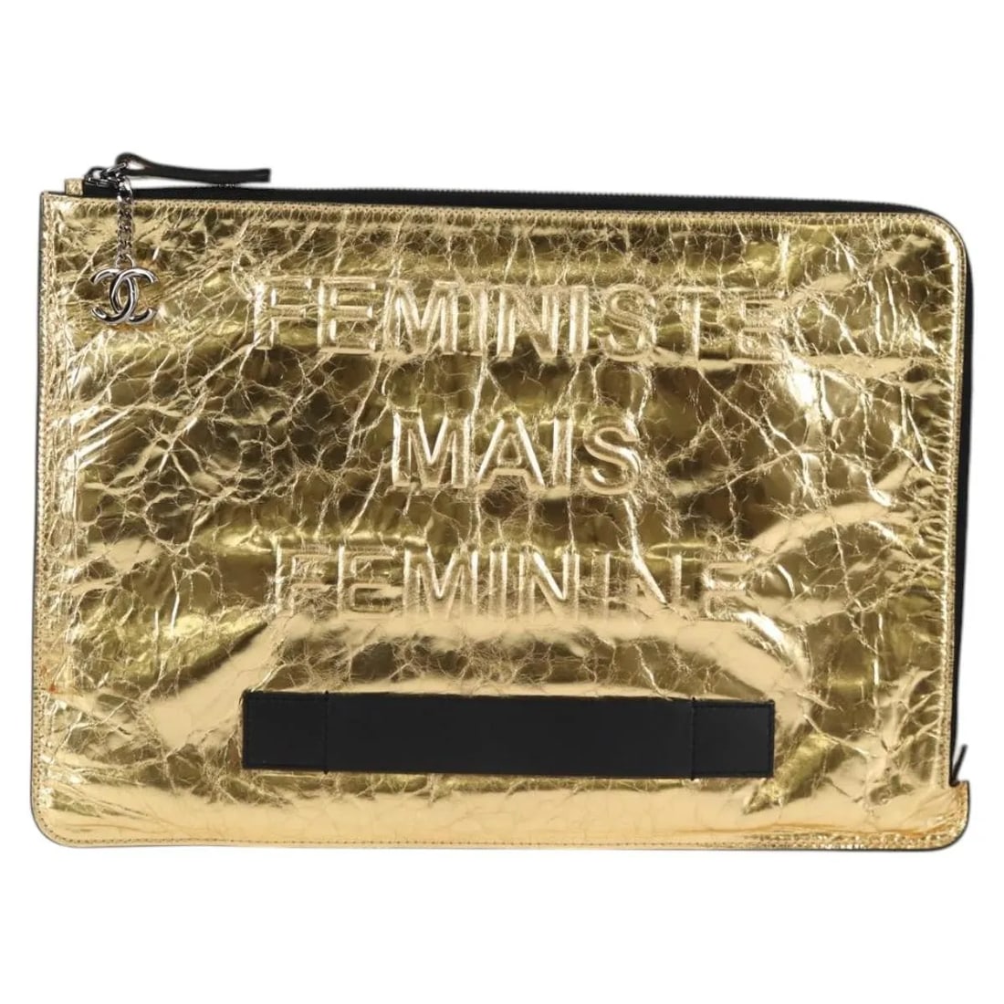 Chanel Gold Crinkled Leather Feminine Pouch Bag: Chanel Gold Crinkled Leather Feminine Pouch Bag This Chanel Feminine Pouch is crafted in gold crinkled leather, designed specifically for women. The pouch features surface wrinkling, minor rubbing on 